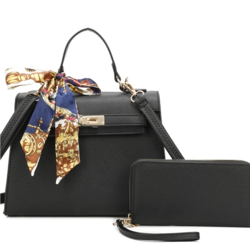 NEW! BUNDLE Scarf Handled Satchel With Crossbody Strap & Matching Wallet Black